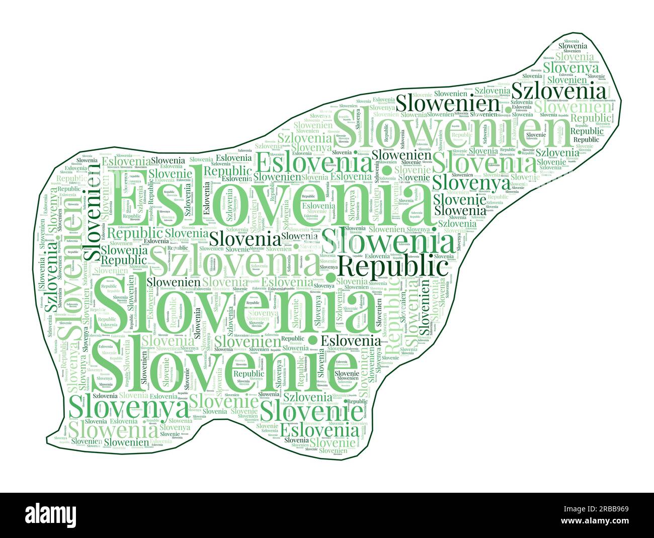 Slowenische Form mit Ländernamen in vielen Sprachen. Slowenien Karte im Word Cloud Stil. Attraktive Vektorillustration. Stock Vektor