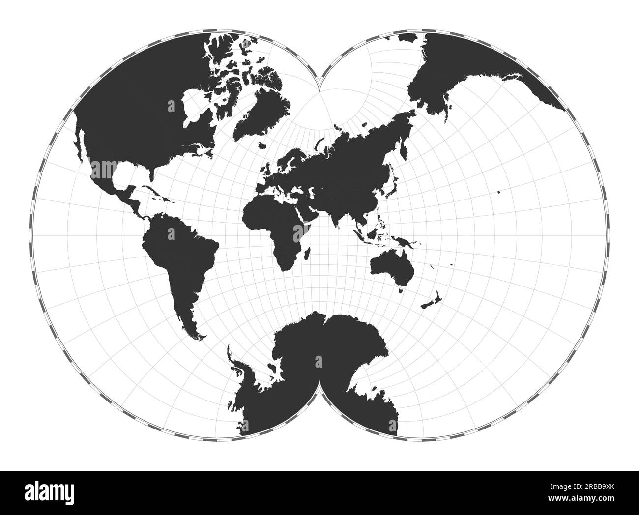 Vektor-Weltkarte. Die epizykloidale konformale Projektion im August. Einfache geografische Weltkarte mit Breiten- und Längengraden. Stock Vektor