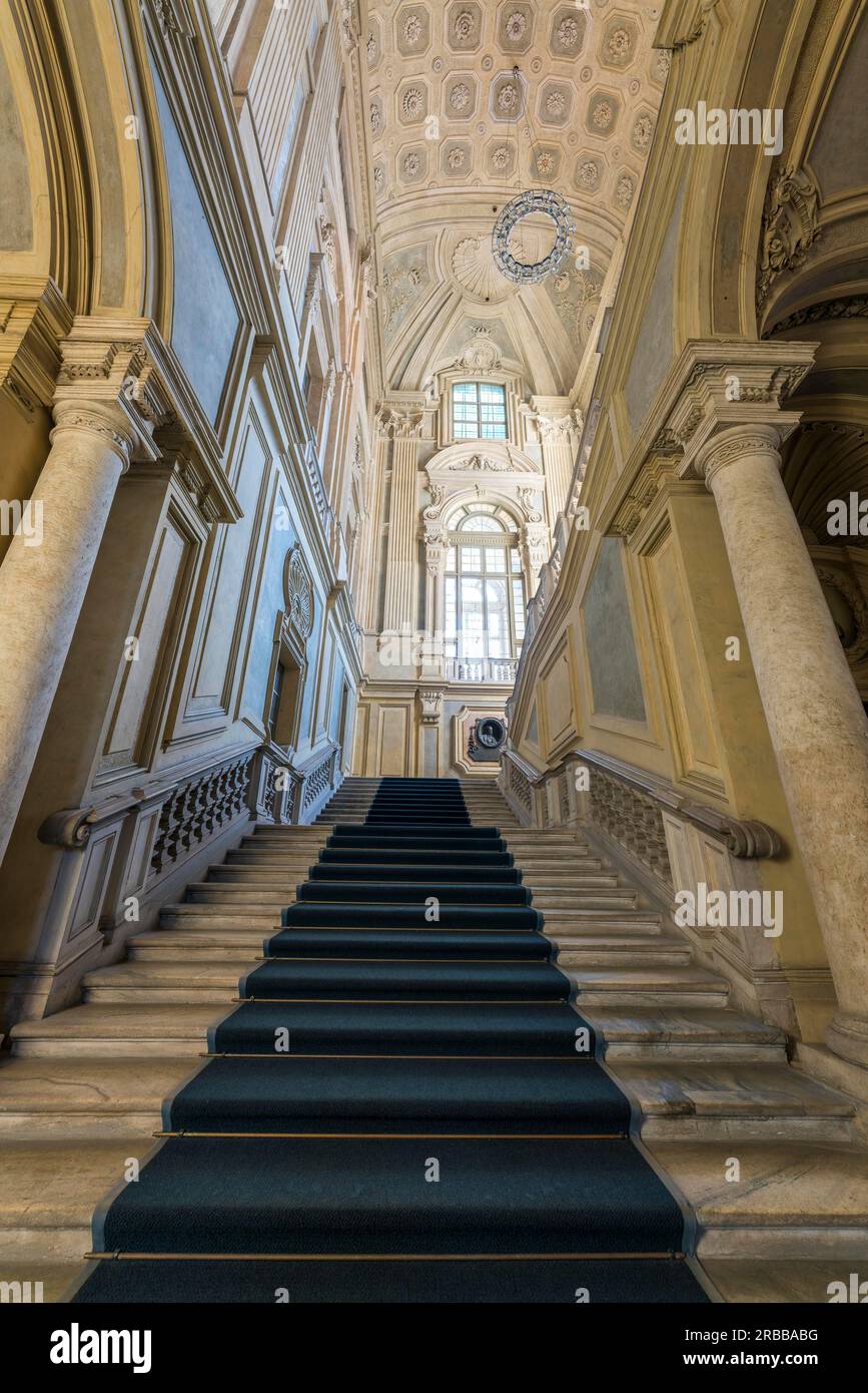 Treppe, Treppenhaus Palazzo Madama, Architekt Filippo Juvarra, Barock, Turin, Piemont, Italien, UNESCO-Weltkulturerbe Stockfoto