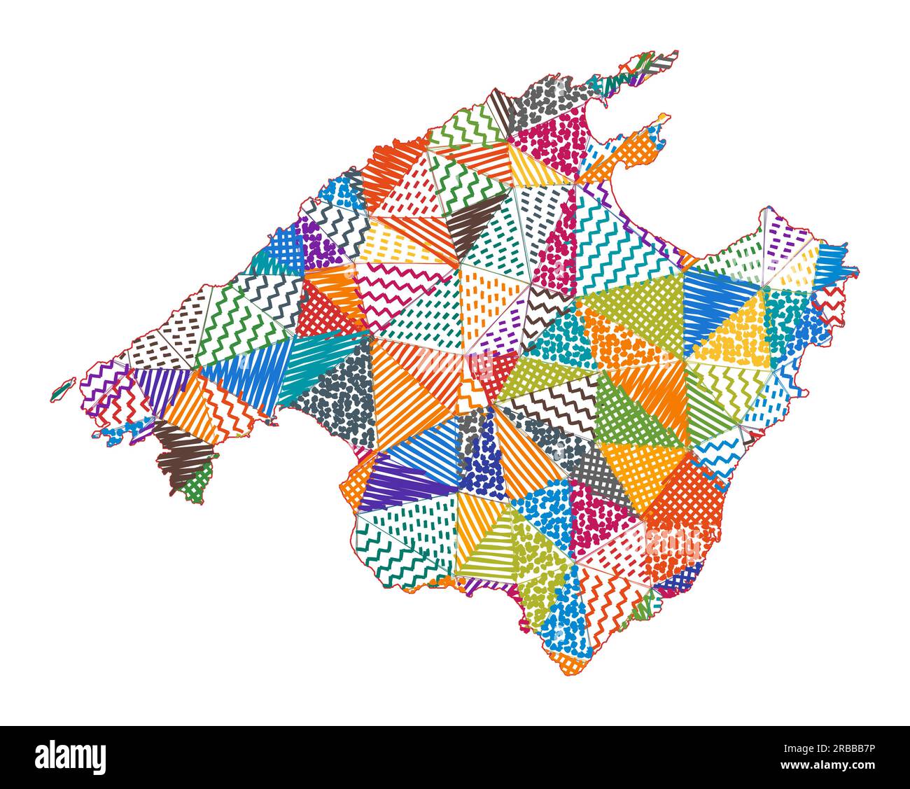 Kinderkarte von Mallorca. Handgezeichnete Polygone in Mallorca-Form. Vektordarstellung. Stock Vektor