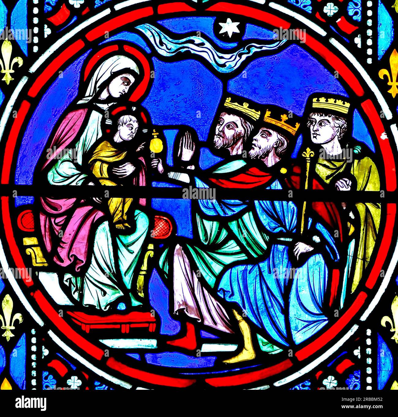 Nativity Window, Buntglas, von Oudinot von Paris, 1861, Feltwell Church, Norfolk, Epiphany, Besuch der Magi, 3 Könige, für das Kind Jesus und Maria Stockfoto