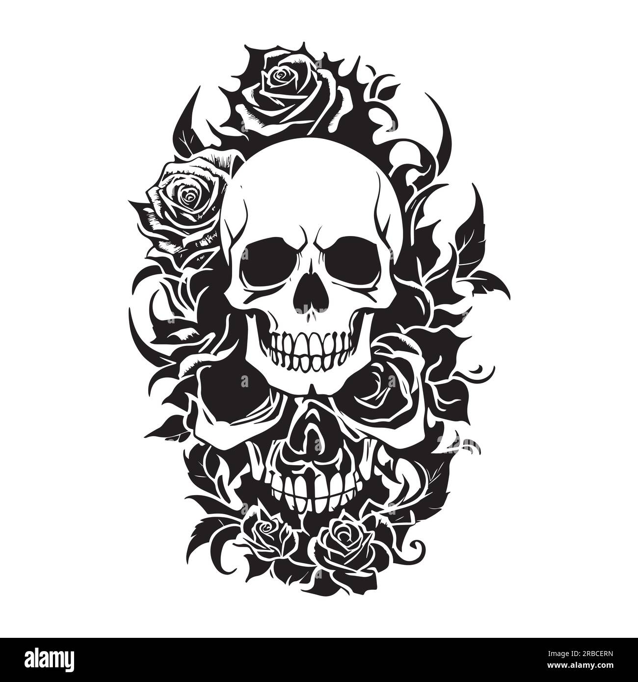 Schwarz-weißer menschlicher Schädel und Rosen, Illustration von menschlichem Schädel und Rosen für Tätowierung, Aufdruck, T-Shirt. Stockfoto