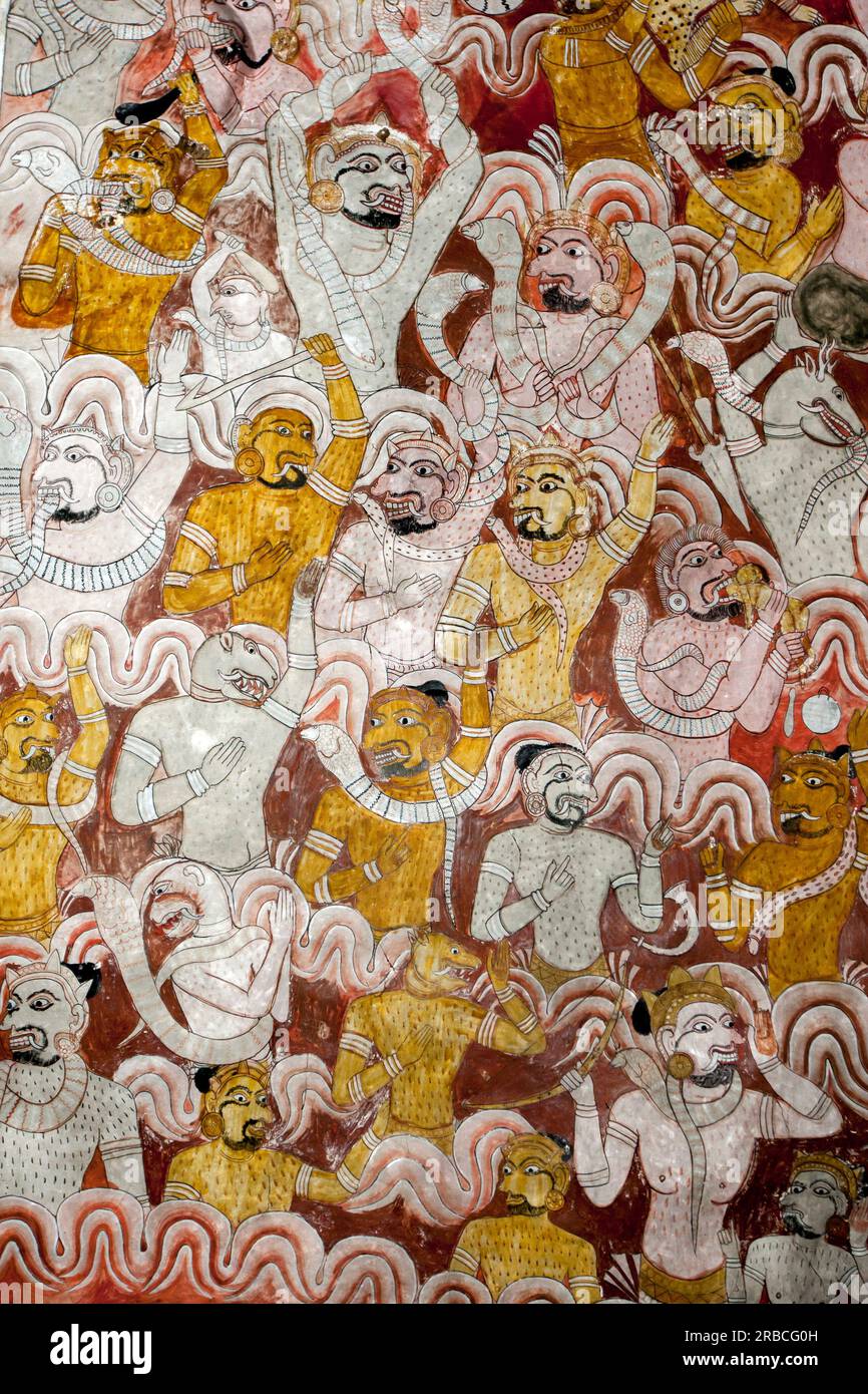 Ein Wandgemälde an der Decke der Höhle zwei (Maharaja Viharaya) an den Dambulla Höhlentempeln im Zentrum von Sri Lanka. Stockfoto