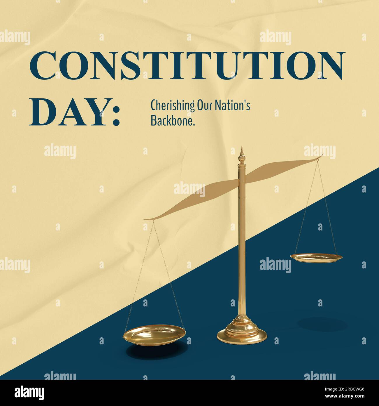 Der Verfassungstag, der Grundtext unserer Nation mit Waagen der Gerechtigkeit auf cremefarbenem und blauem Hintergrund Stockfoto