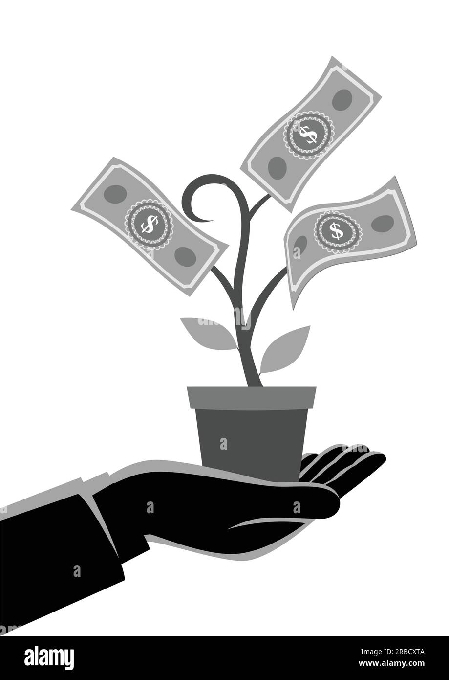 Business Concept Vektor Illustration eines Geschäftsmannes Hand hält einen Topf mit Geldbaum, Geschäft, Ersparnisse, Anlagekonzept Stock Vektor