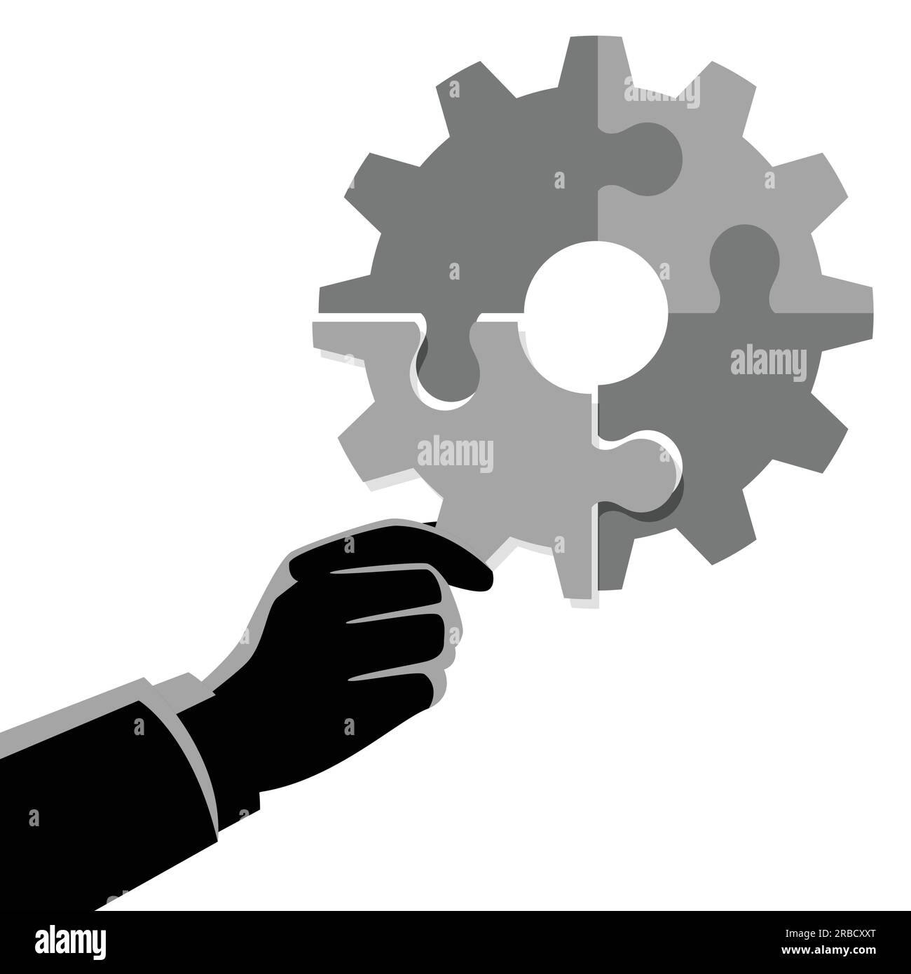 Business Concept Vektor Illustration von Geschäftsmann Hand hält das letzte Stück Puzzle, das eine Zahnrad, Geschäft, komplett, Abschluss, solut Stock Vektor