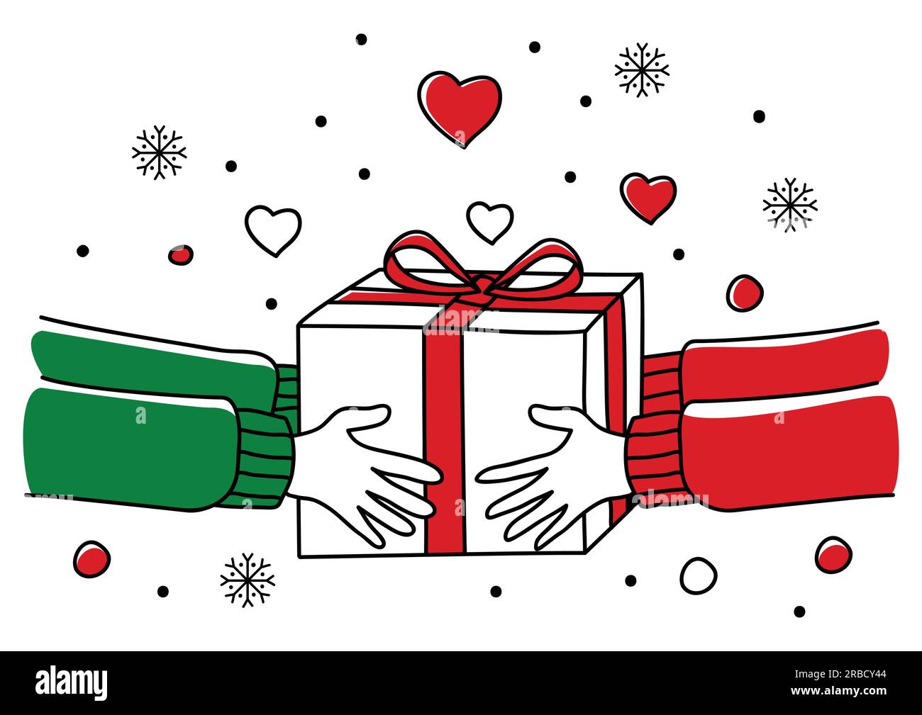 Linie Kunst Illustration der menschlichen Hände geben Weihnachtsgeschenk, für Weihnachten Thema und Hintergrund Stock Vektor