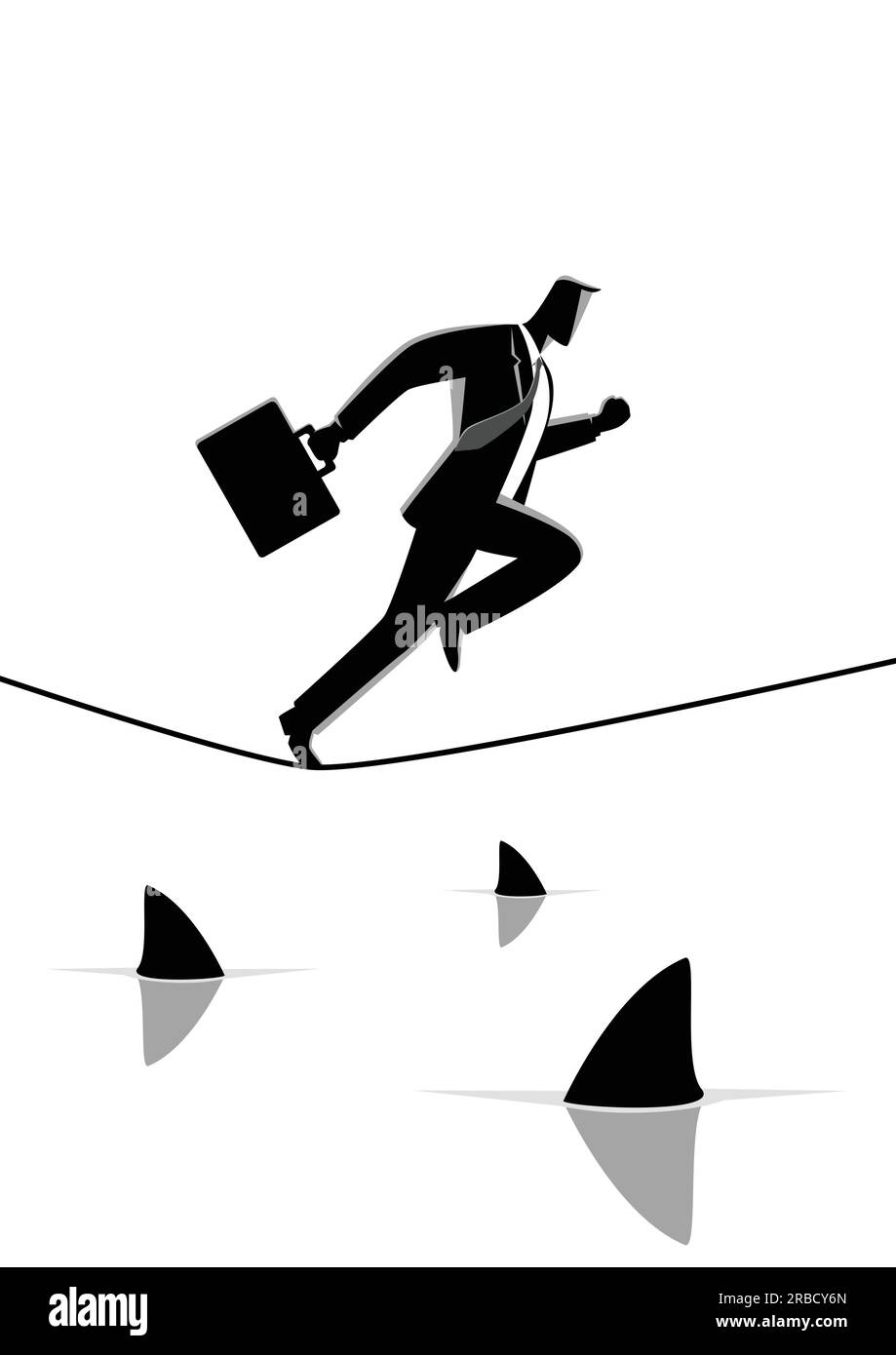 Silhouette Illustration eines Geschäftsmannes läuft am Seil mit Haien darunter. Konzept für Risiko, Mut, Chance im Geschäft Stock Vektor