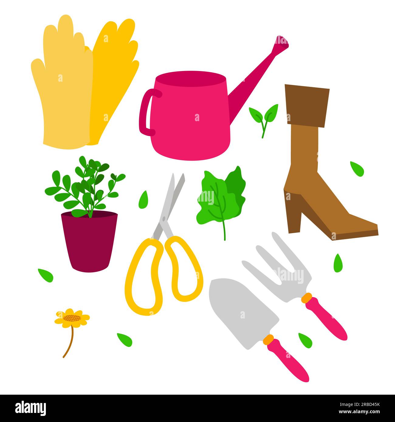 Gartenwerkzeuge Handschuhe Wassersprenger Schuhe Schaufel Heugabel Schere und Topfpflanzen botanischer Gartenbau Accessoire Stock Vektor