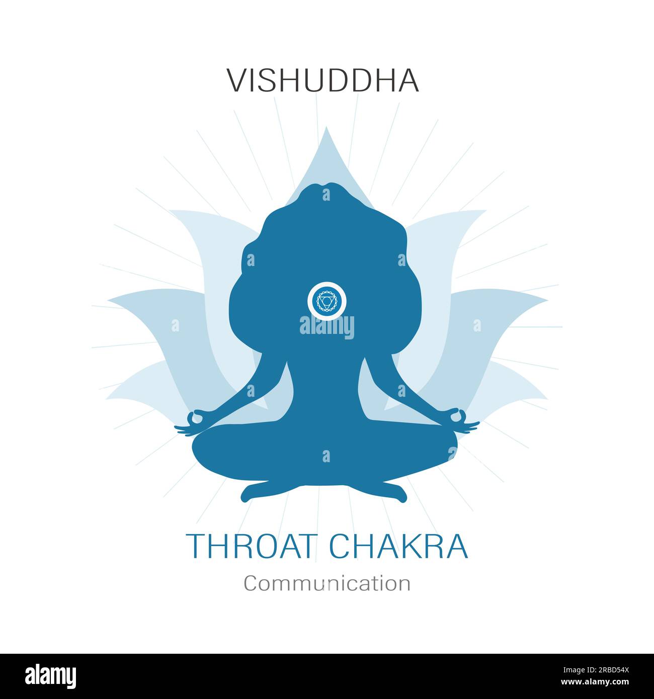 Vishuddha Standort. Fünftens: Halsschakra-Symbol. Weibliche Silhouette meditiert in Lotusposition. Mit Unterbewusstsein arbeiten. Indische Kultur. Flacher Vektor Stock Vektor