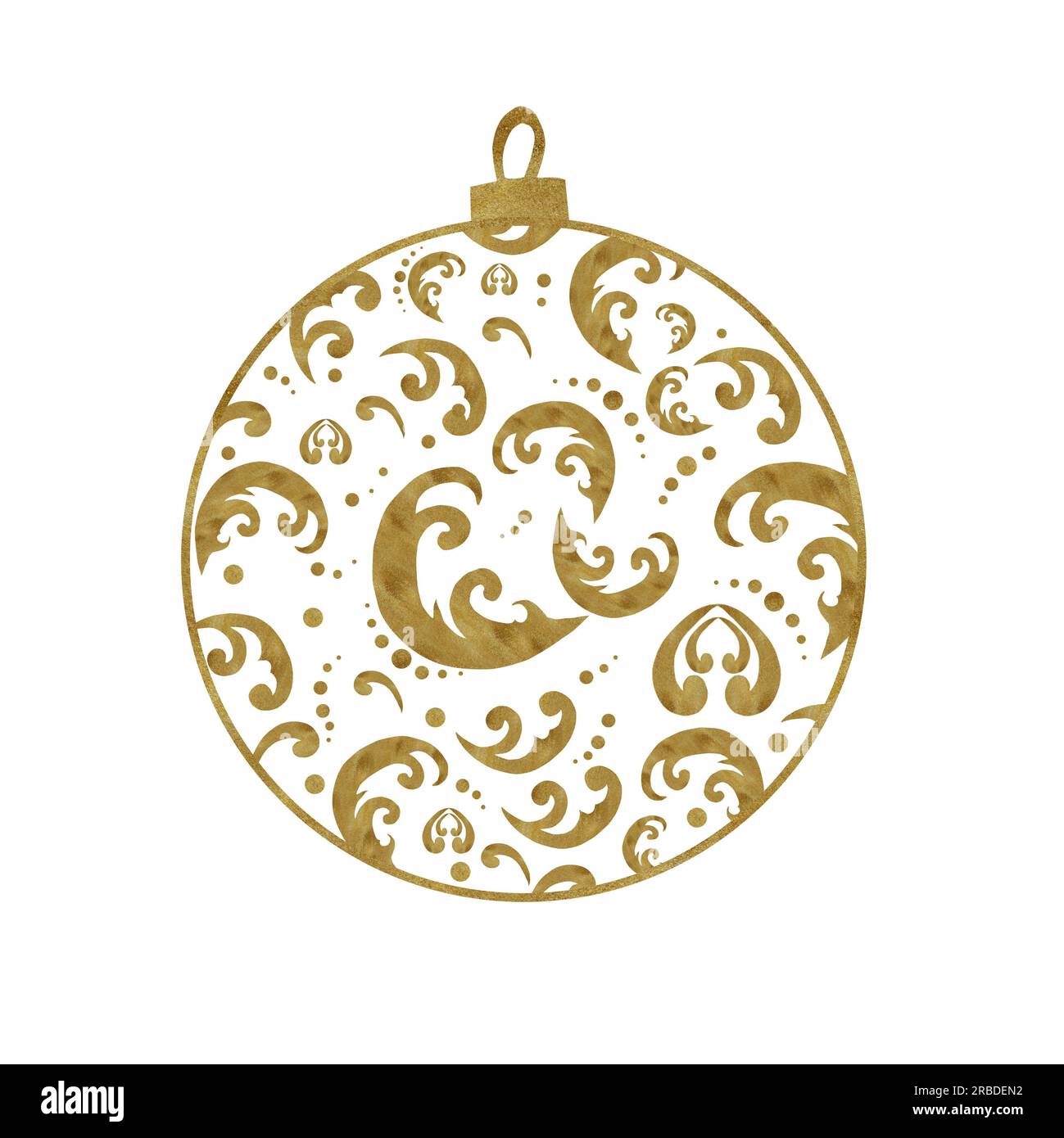 Handgezeichneter Weihnachtsbaumball in Aquarellfarben. Lacy Spielzeug mit goldener Textur zum Dekorieren. Zwei Optionen – auf weißem und transparentem Hintergrund Stockfoto