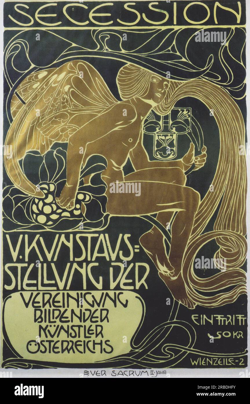 Poster einer fünf Kunstausstellungen des Verbandes Osterreichischer Sezessionskünstler 1899 von Koloman Moser Stockfoto