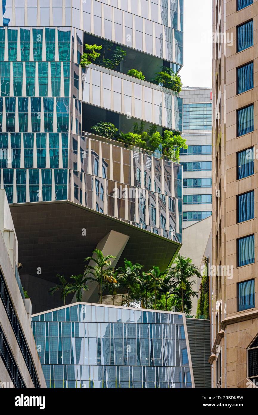 Mit Blick auf das hoch gestaltete grüne Baumpodium und die offenen Bereiche des biophilen Robinson aus dem Jahr 18 im zentralen Geschäftsviertel von Singapur Stockfoto