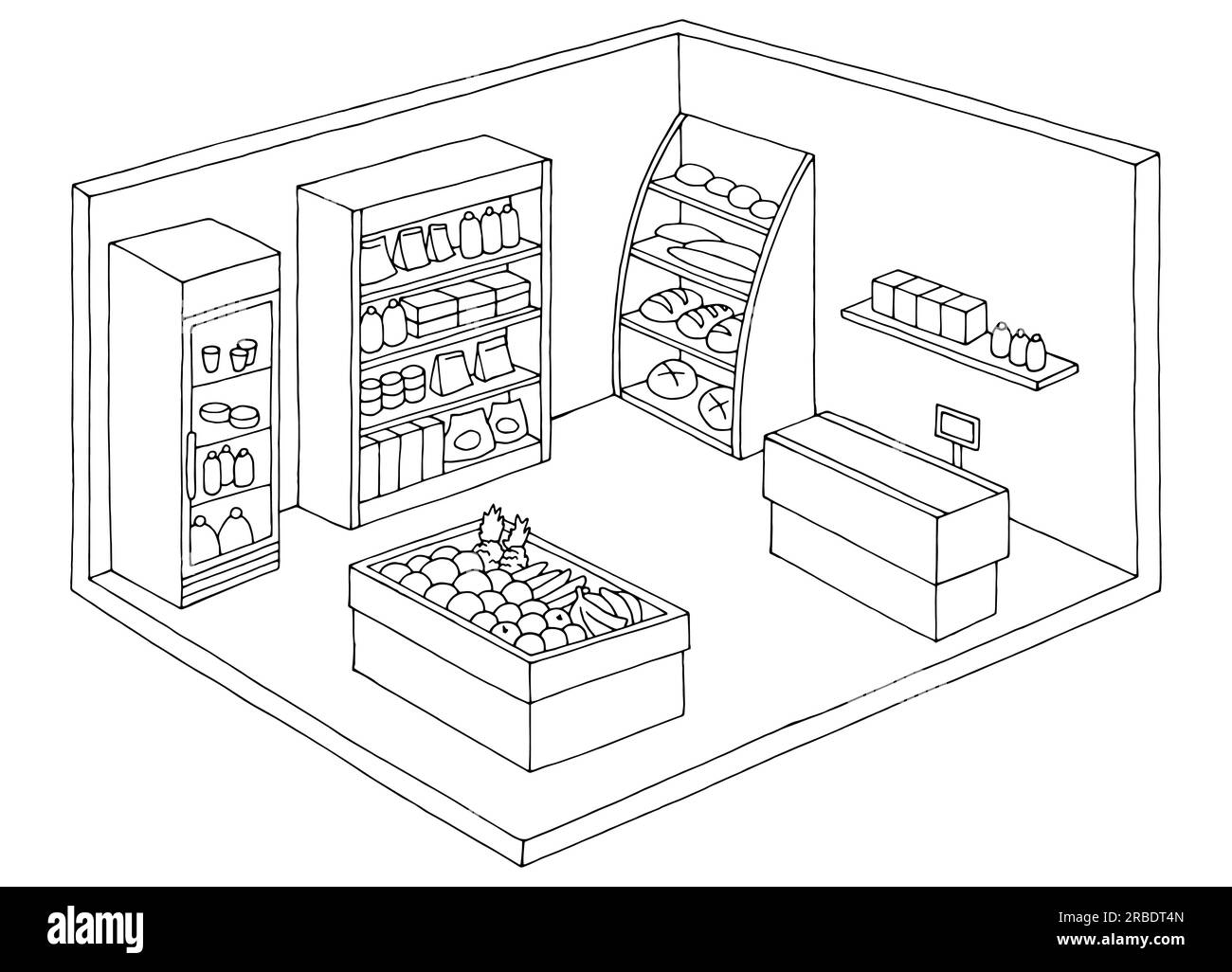 Lebensmittelgeschäft Innenraum schwarz-weiß Grafik isolierter Zeichnungsvektor Stock Vektor