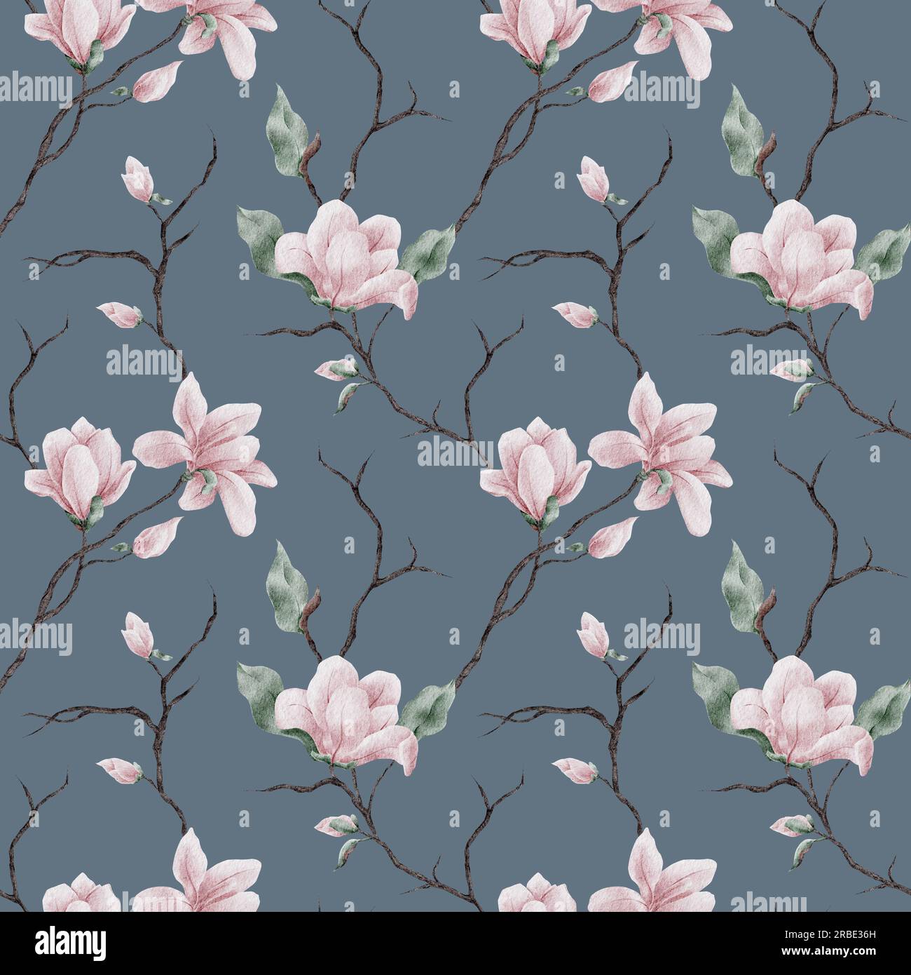 Nahtloses Aquarell-Magnolie-Muster. Magnolienblüten und -Zweige im Hintergrund. Die Darstellung in den Aquarellfarben im trendigen Stil. Stockfoto