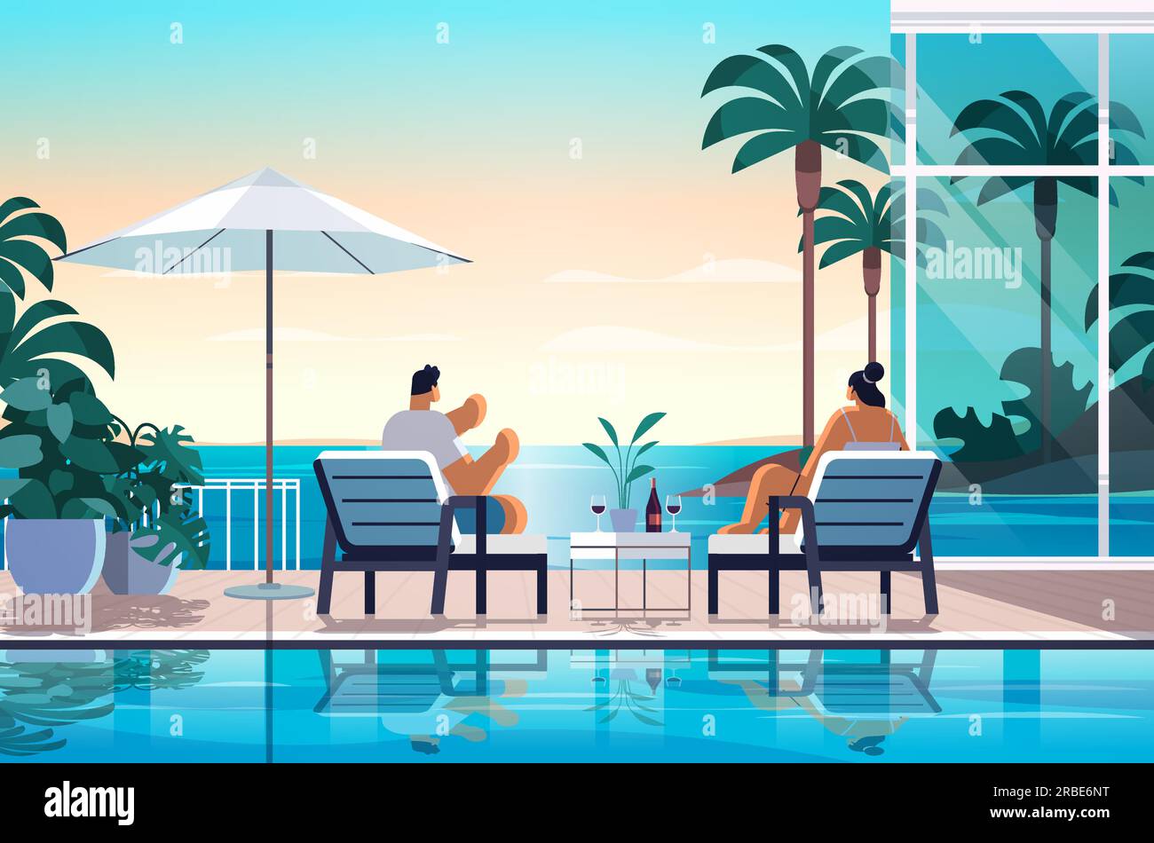 Gäste entspannen sich im tropischen Luxus Resort Hotel am Strand Swimmingpool und am Pool Sitzbereich Sommerurlaubskonzept am Meer Stock Vektor