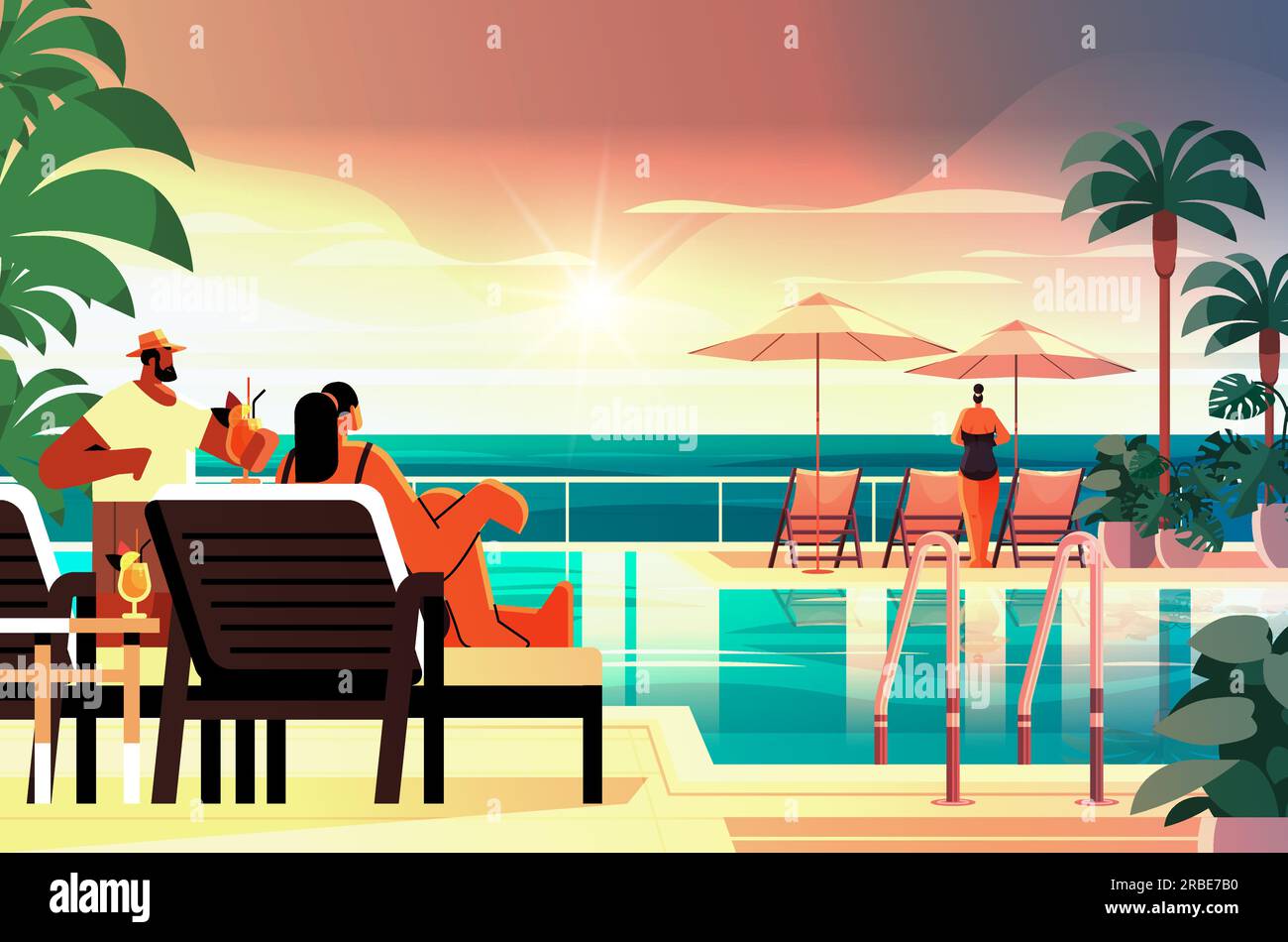 Gäste entspannen sich im tropischen Luxus Resort Hotel Beach Swimmingpool und Poolbereich Sitzbereich Sommerurlaub Konzept Stock Vektor