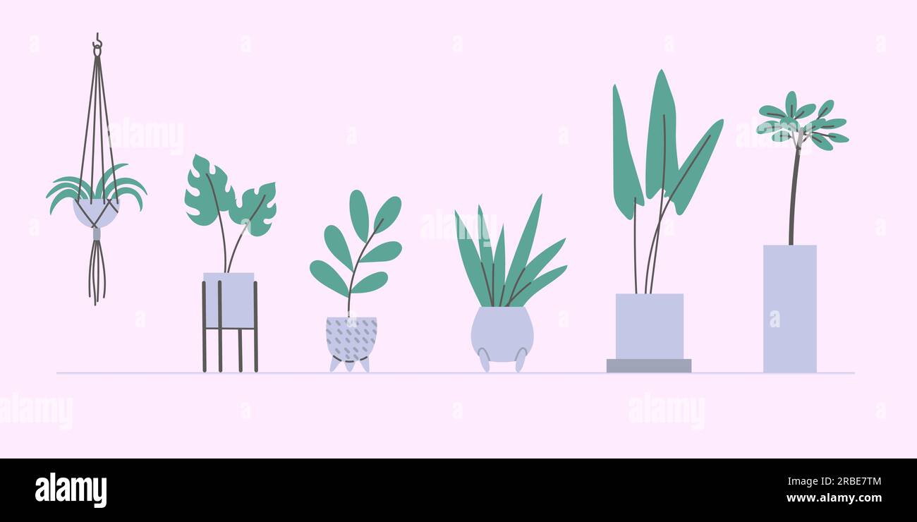 Satz von Vektorpflanzen in Flachhäusern in Töpfen. Zwei Farben, einfache Illustration. Stock Vektor
