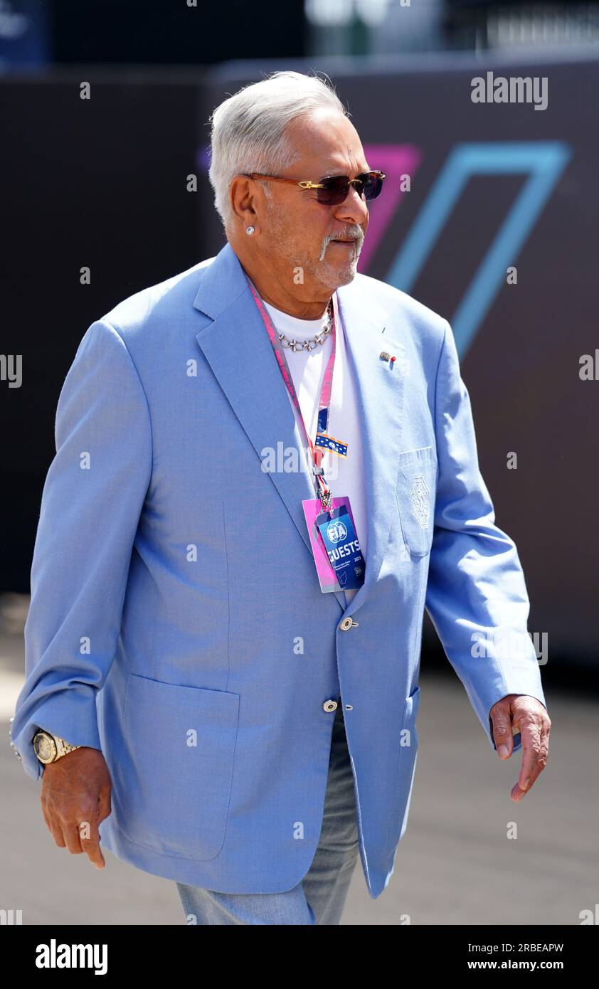 Vijay Mallya, Geschäftsmann und ehemaliger Miteigentümer des verstorbenen Teams Force India F1, vor dem britischen Grand Prix 2023 in Silverstone, Towcester. Foto: Sonntag, 9. Juli 2023. Stockfoto