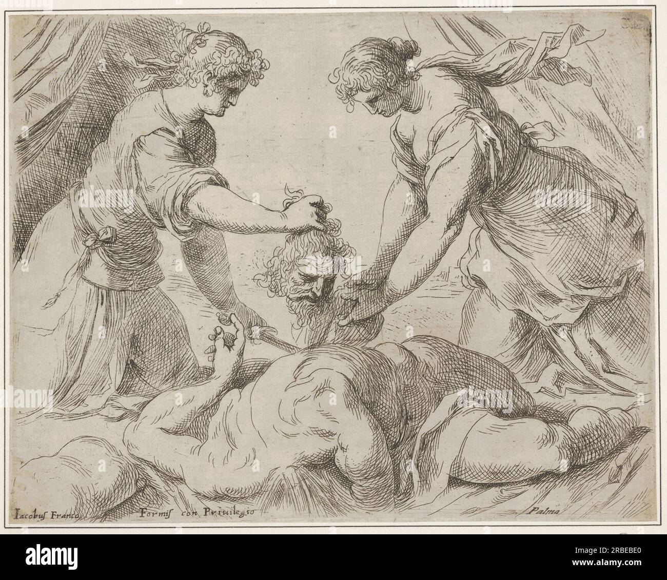 Judith legt den Kopf der Holofernes auf ein Tuch, das von einer anderen weiblichen Figur gehalten wird. Der verkürzte Körper von Holofernes spült mit Blut aus dem Hals 1628 von Palma il Giovane Stockfoto