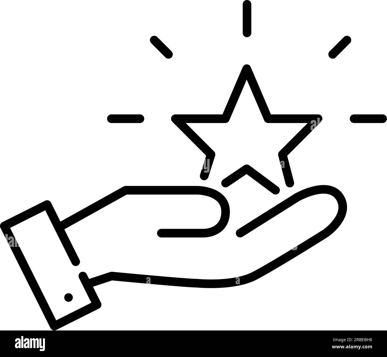 Er hält den strahlenden Stern in der Hand. Bonuspunkte Symbol für das Kundenprämienprogramm. Pixelgenaue, bearbeitbare Kontur Stock Vektor