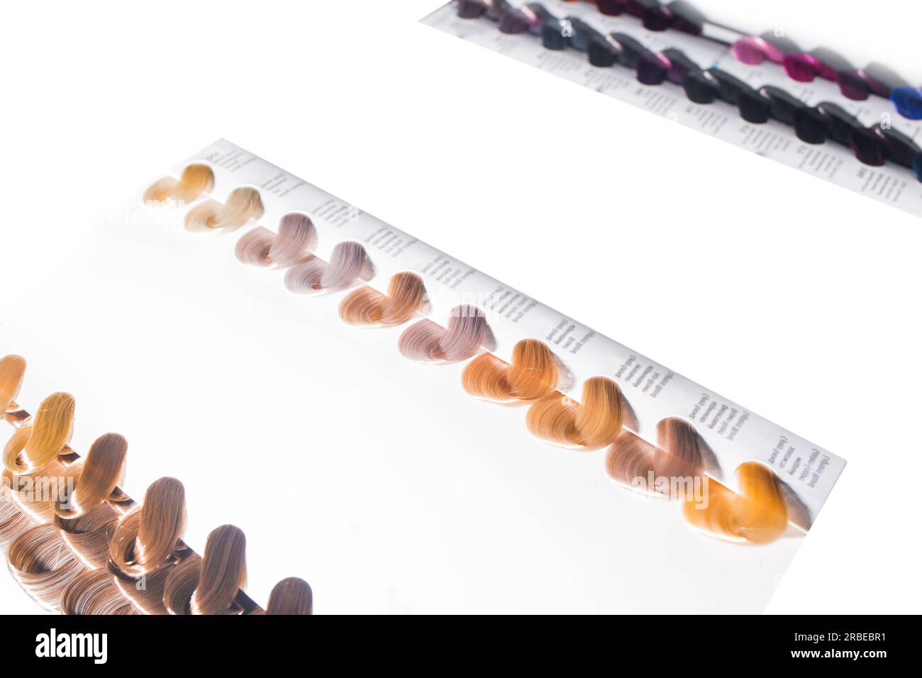 Verschiedene Muster Farbpalette Farbfärbung Haartöne Set Design auf weißem Hintergrund, isoliert. Stockfoto