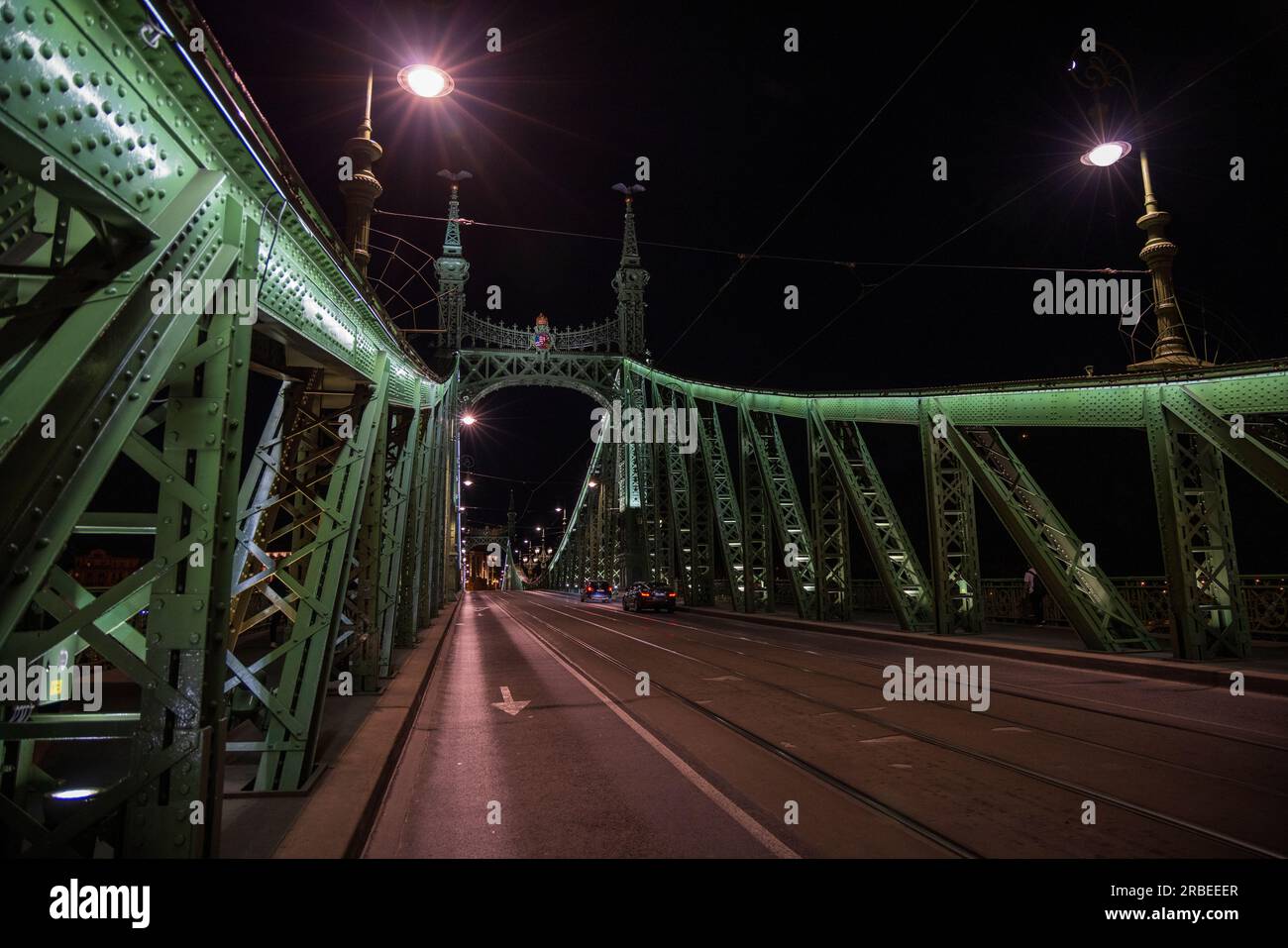 Die beleuchtete Freiheitsbrücke über der Donau zwischen Buda und Pest, Budapest, Ungarn Stockfoto