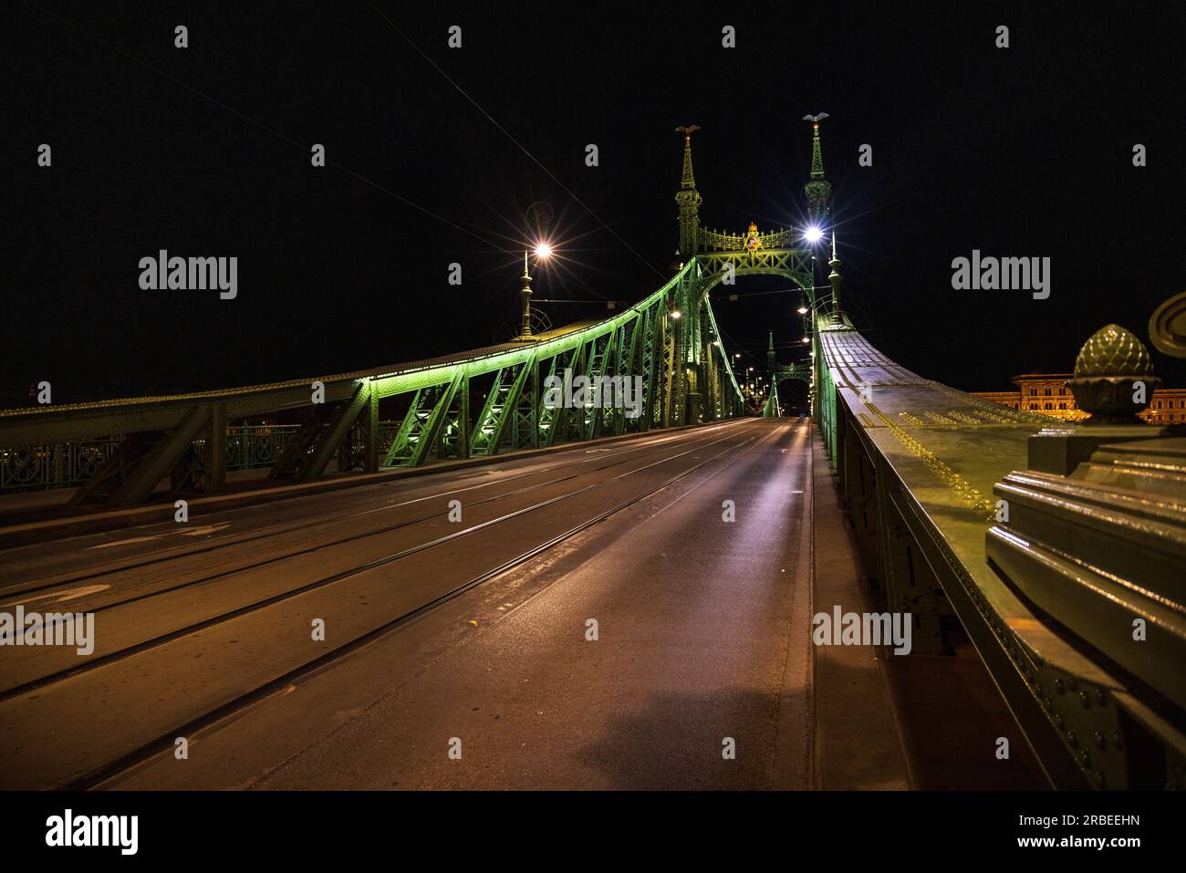 Die beleuchtete Freiheitsbrücke über der Donau zwischen Buda und Pest, Budapest, Ungarn Stockfoto