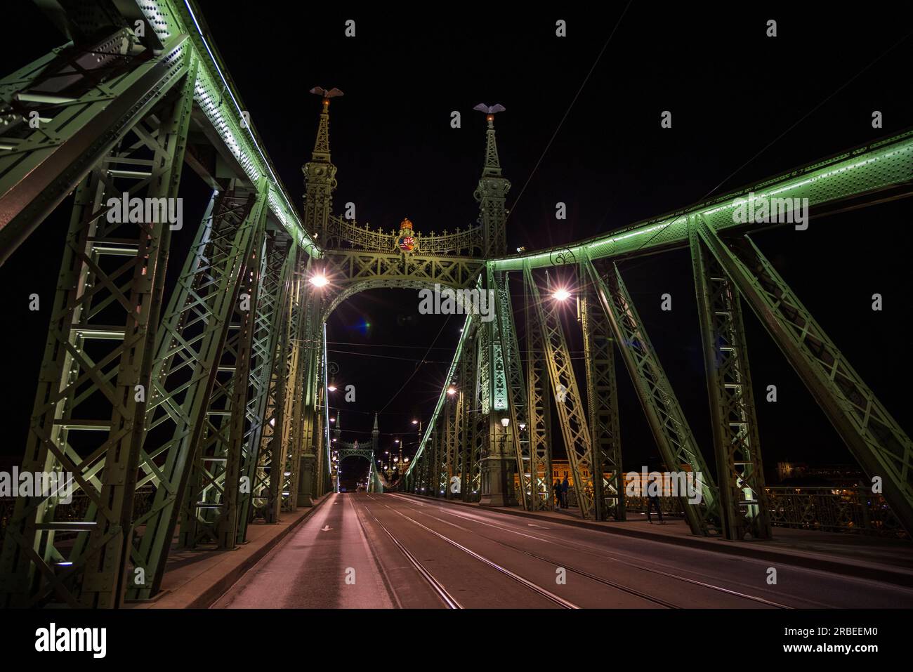 Die beleuchtete Freiheitsbrücke über der Donau zwischen Buda und Pest, Budapest, Ungarn Stockfoto