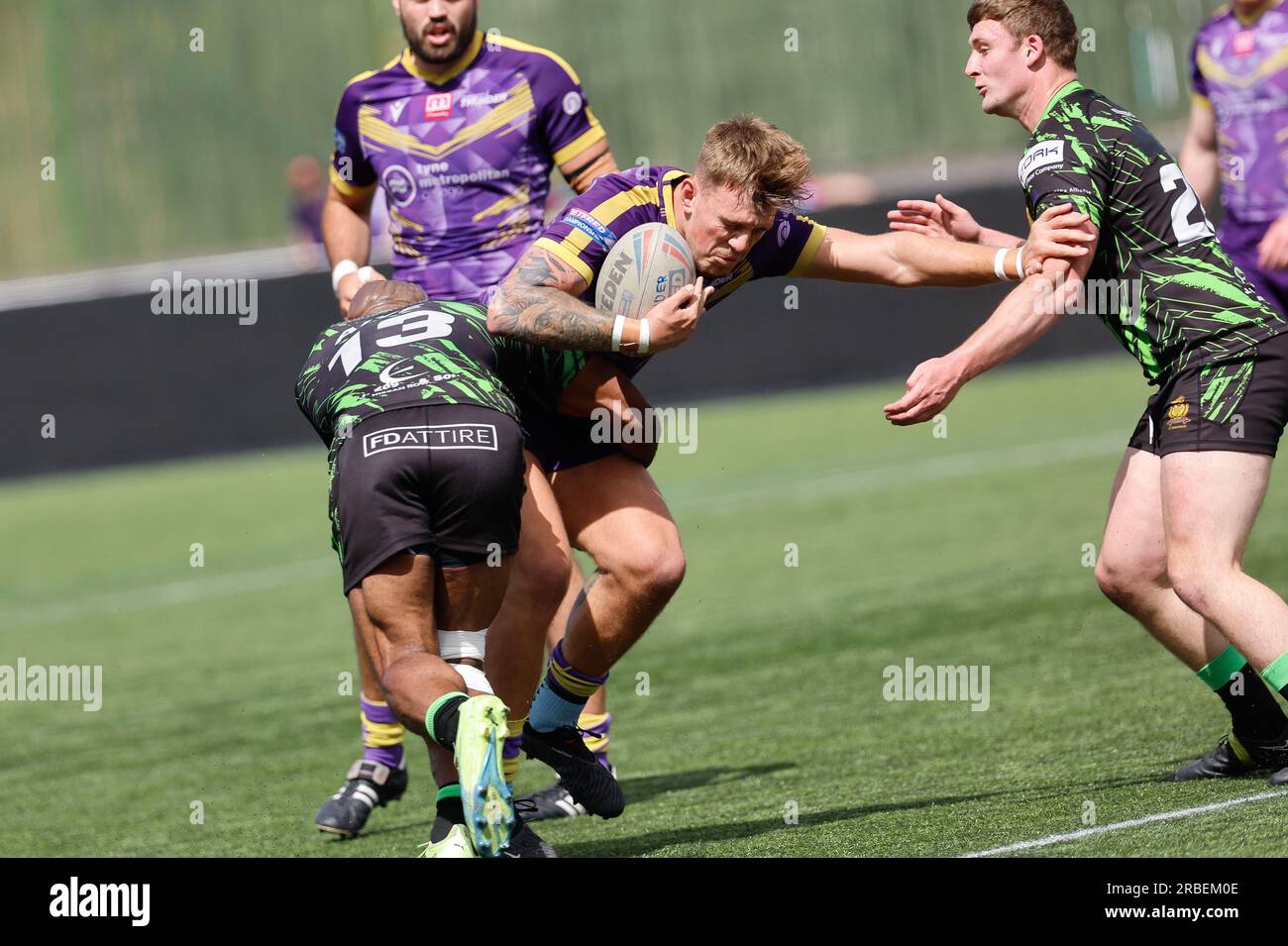 Brad Gallagher von Newcastle Thunder anlässlich seines 50.-Spiels in Aktion während des BETFRED-Meisterschaftsspiels zwischen Newcastle Thunder und Whitehaven RLFC am Sonntag, den 9. Juli 2023 im Kingston Park, Newcastle. (Foto: Chris Lishman | MI News) Stockfoto