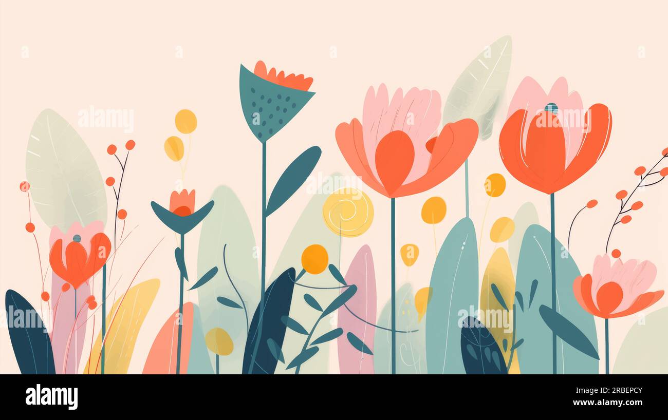 Farbenfrohe schrullige, minimalistische Illustration der Osterblumen. Frühlingsblumen Hintergrund. Stockfoto