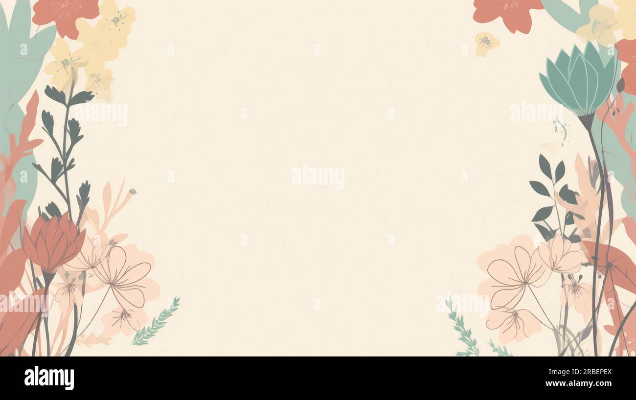 Eine minimalistische Illustration mit einem großen leeren Bereich in der Mitte und einem dünnen Blumenrand in verschiedenen Farben auf einem einfarbigen Hintergrund. Grußkarte mit Stockfoto