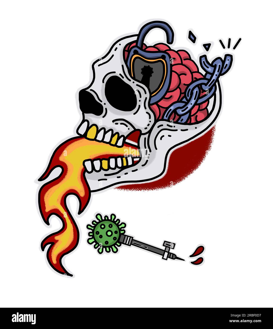 Virusinfektion Old School Tattoo Skull Covid-Impfstoff Illustration, epidemische Coronavirus Lockdown traditionelle Tattoo-Zeichnung Stockfoto
