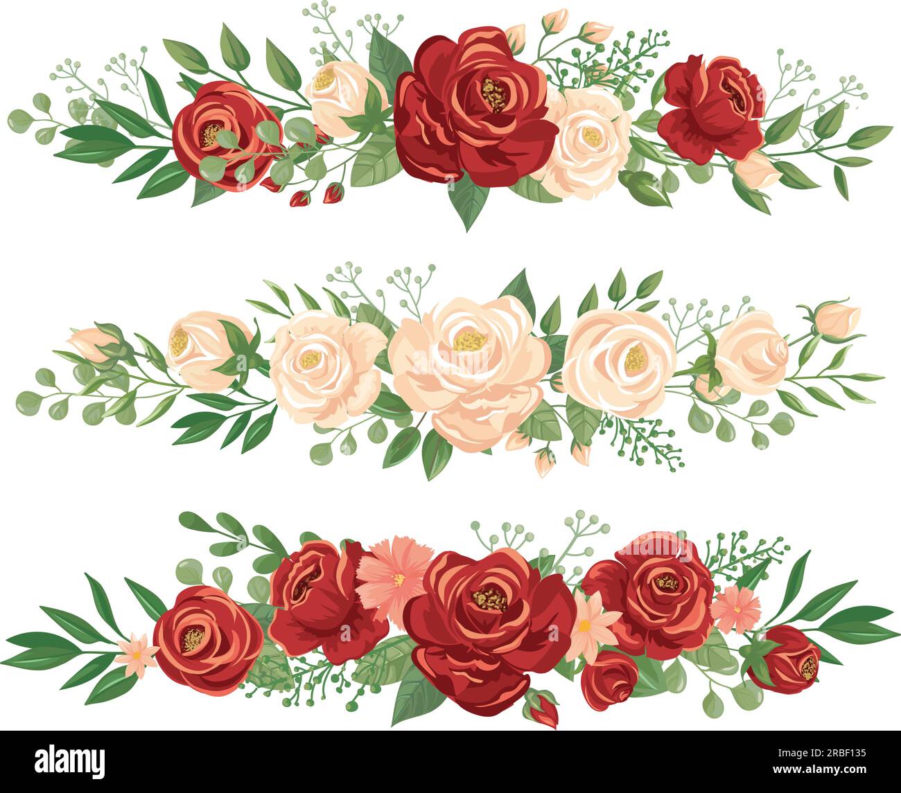 Panorama-Blumenränder. Rosenknospe, Blumenrand und Rosenkopfzeile Panorama Blumenbanner. Blühender horizontaler Hochzeitsgarten Rosen-Bouquet-Rand für Stock Vektor