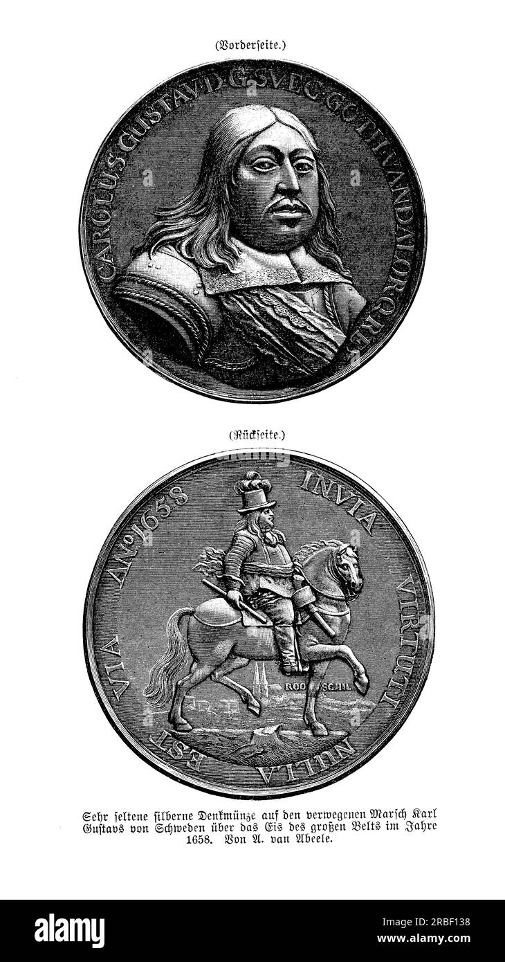 Die seltene Silbermedaille von Karl Gustav aus dem Jahr 1658, auch bekannt als Charles X Gustav, war ein schwedischer Monarch, der von 1654 bis zu seinem Tod im Jahr 1660 regierte. Er war bekannt für seine Militärkampagnen, einschließlich des Zweiten Nordkriegs.sein plötzlicher Tod im Jahr 1660 ließ das Land ohne einen klaren Erben, was zu einer Phase politischer Instabilität führte Stockfoto