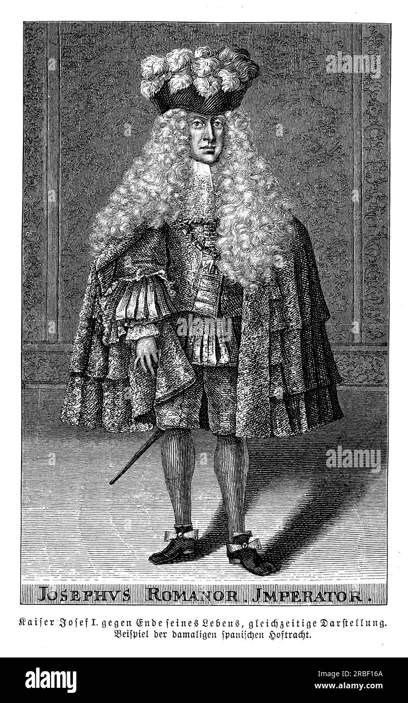 Porträt im Alter von Joseph Ich war der Heilige römische Kaiser und Herrscher der Habsburger Monarchie von 1705 bis zu seinem Tod im Jahr 1711. Er ist bekannt für seine Militärkampagnen gegen das Osmanische Reich und die Franzosen während des spanischen Erbfolgekrieges. Joseph I. war auch Schutzpatron der Künste und Wissenschaften und sponserte mehrere große Bauprojekte in Wien, darunter die Hofburg und das Schloss Belvedere. Trotz seiner kurzen Herrschaft wurde er als fähiger Herrscher und militärischer Befehlshaber respektiert, und sein Vermächtnis trug dazu bei, die Zukunft der Habsburger Monarchie zu gestalten Stockfoto