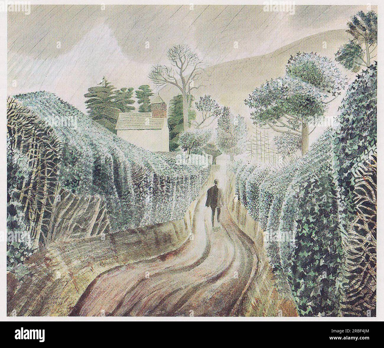 NASSER NACHMITTAG. Blick auf die Kirche St. Mary, Capel-y-ffin, Powys 1938 von Eric Ravilious Stockfoto