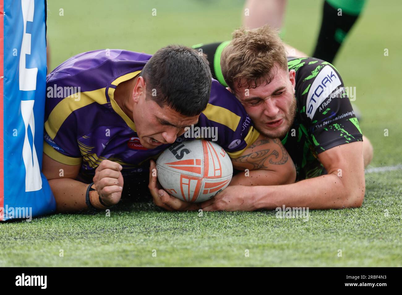 Newcastle, Großbritannien. 11. Juni 2023. Mitch Clark von Newcastle Thunder trifft beim BETFRED-Meisterschaftsspiel zwischen Newcastle Thunder und Whitehaven RLFC am Sonntag, den 9. Juli 2023 im Kingston Park, Newcastle. (Foto: Chris Lishman | MI News) Kredit: MI News & Sport /Alamy Live News Stockfoto