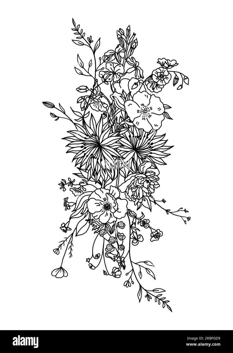 Minimalistische Linienart Wildblumen Bouquet Tattoo Illustration, handgezeichnete Linienblumen, Schwarz und Weiß Stockfoto