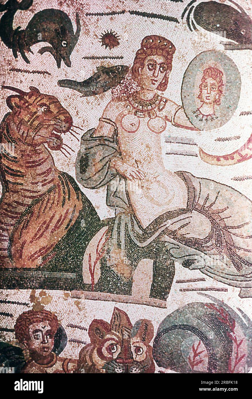Dieses Foto eines Mosaiks mit einem Detail aus der Kammer von Arione wurde im Sommer 1970 auf der Piazza Armerina in Sizilien aufgenommen. Die Piazza Armerina beherbergt die römische Villa del Casale und ihre berühmten Mosaiken, die „besten Mosaike in situ in der römischen Welt“, wie von der UNESCO beschrieben, die sie 1997 in ihre Liste des Weltkulturerbes aufgenommen hat. Villa Romana war eine üppige Patrizier-Residenz, die im Zentrum eines riesigen Latifundiums (Landwirtschaftsgelände) am Ende des 4. Jahrhunderts n. Chr. erbaut wurde. Es wird angenommen, dass es einem Mitglied der römischen Senatorenaristokratie gehörte, der mit exotischen Tieren handelte. Stockfoto