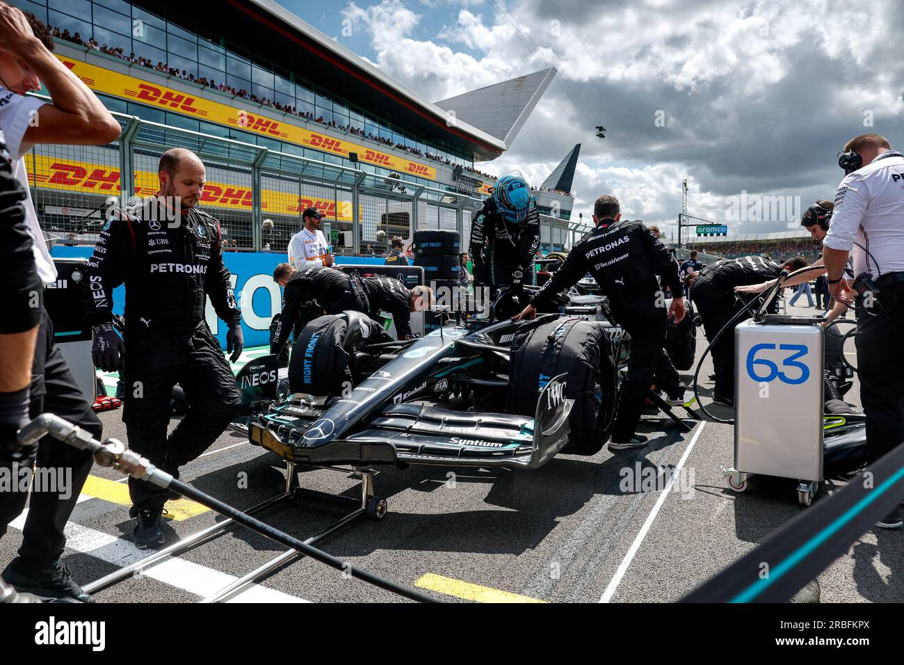 RUSSELL George (gbr), Mercedes AMG F1 Team W14, Startbild, Gitter de Depart, während der Formel 1 Aramco British Grand Prix 2023, 10. Runde der Formel-1-Weltmeisterschaft 2023 vom 7. Bis 9. Juli 2023 auf der Silverstone Circuit in Silverstone, Großbritannien Stockfoto