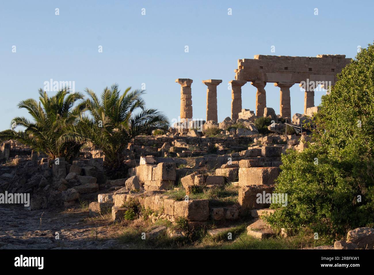 Ruinen des griechischen Tempels C - auf der Akropolis, der auf einem Hügel gelegenen Zitadelle der Stadt Selinunte - Selinus - im äußersten Westen von Sizilien, Italien Stockfoto