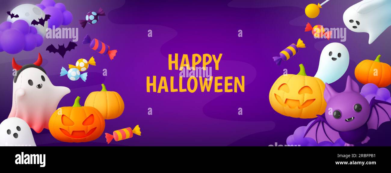 halloween-Werbebanner, 3D Geisterbonbons und Kürbis. Horror-fröhliche Partyfiguren, gruselige Fledermäuse und Geister. Pikanter Render-Vektorhintergrund Stock Vektor