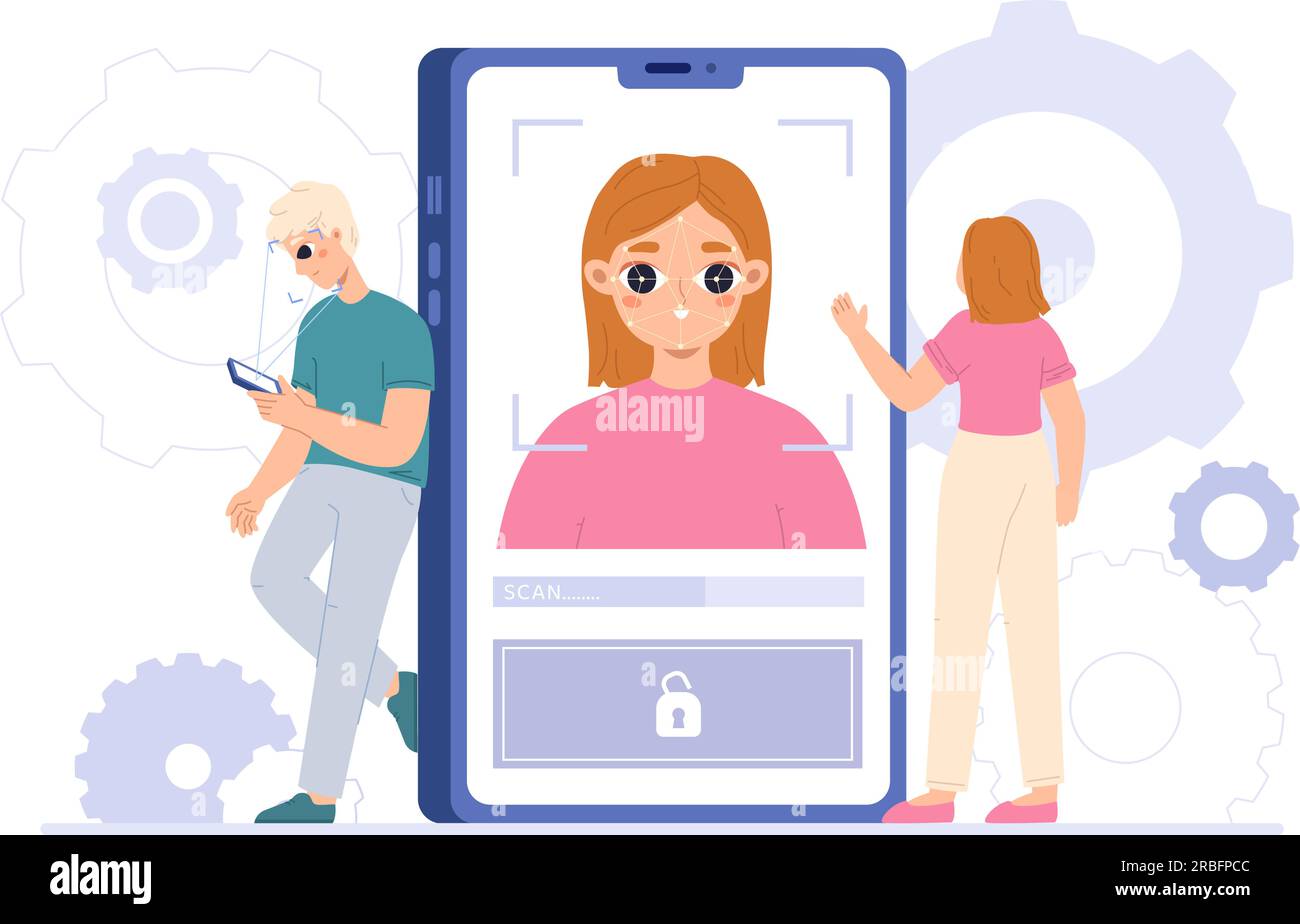 Telefongesichtserkennung, mobiler Identitätsscanner. Identifizierungsinformationen, Smart Scan id Person. Verifizierung und Sicherheit der eng anliegenden Vektorszene Stock Vektor