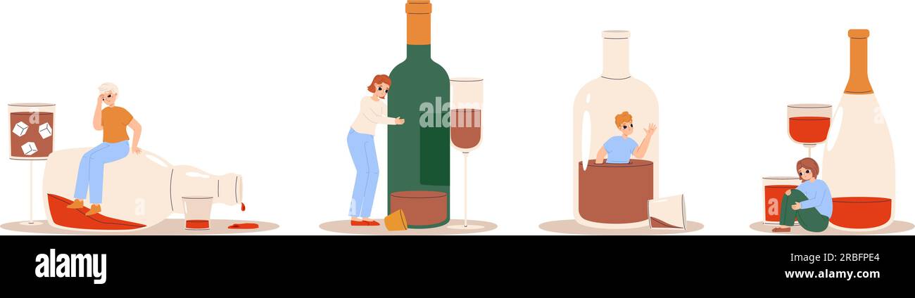 Alkoholsucht-Szenen, betrunkener Teenager und eine Flasche starker Getränke. Missbrauch toxischer Getränke auf Party, psychische Probleme. Alkoholismus-Snugly-Vektorset Stock Vektor