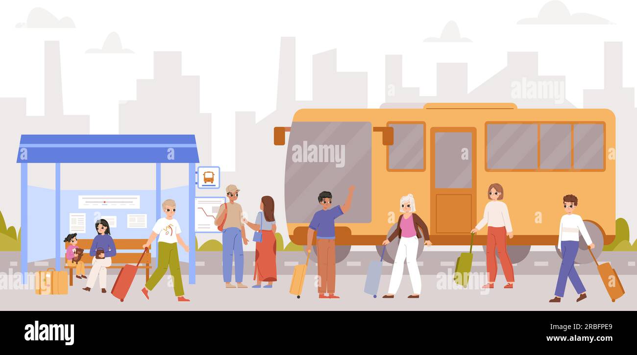 Menschen reisen mit dem Bus. Öffentliche Verkehrsmittel und Personen mit Koffern. Stadtverkehr, Erwachsene und Kinder am Bahnhof. Das Stadtverkehrskonzept Stock Vektor