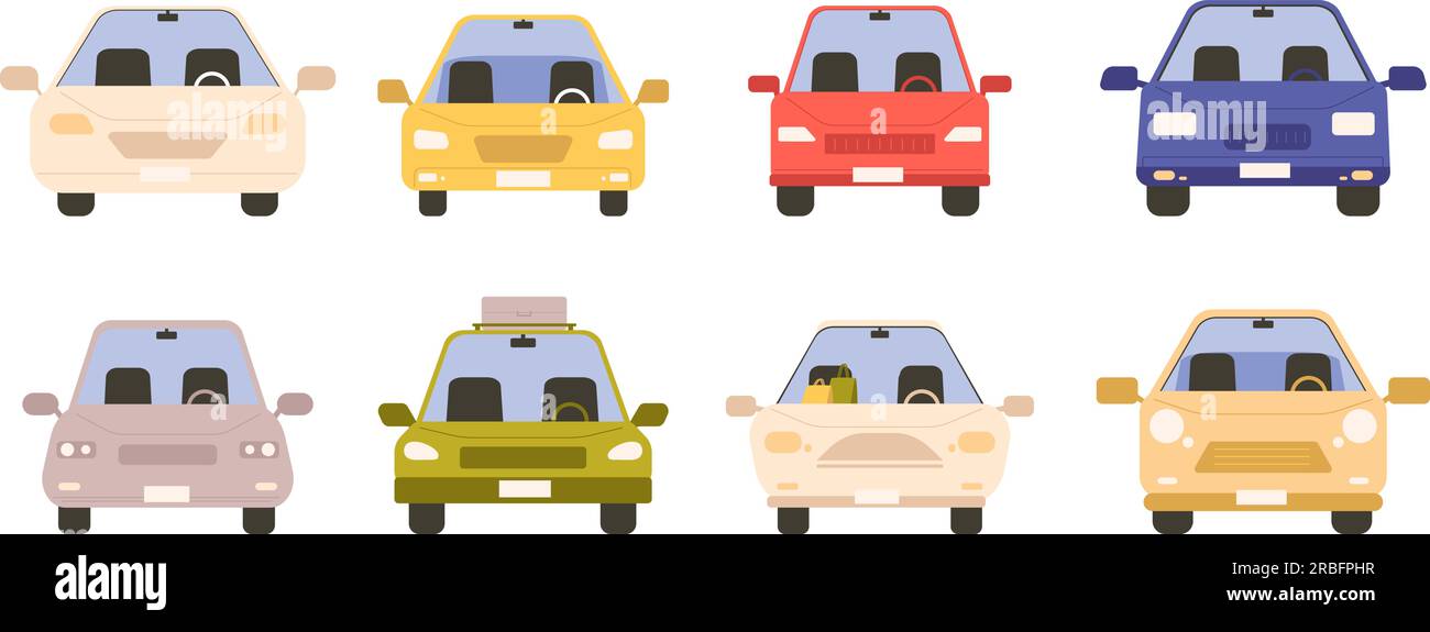 Cartoon-Auto-Kollektion. Verschiedene Fahrzeuge, Vorderansicht, Transport oder Logistik. Privatfahrzeug, Stadt- und Vororttransport für Menschen, Vektorset Stock Vektor