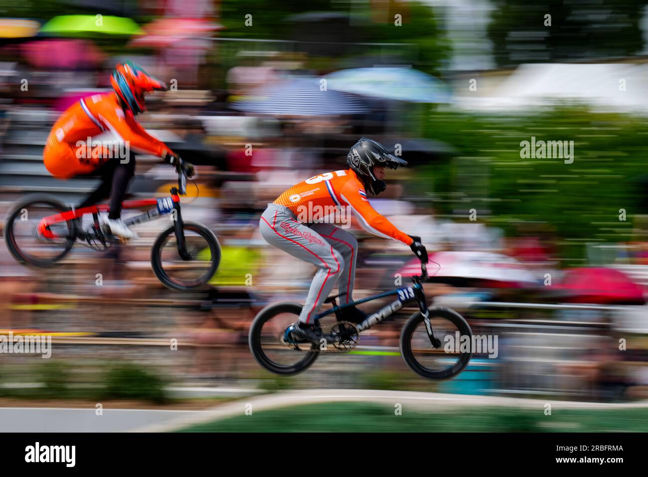 Besancon, Frankreich. 09. Juli 2023. BESANCON, FRANKREICH - JULI 9: Niek Kimmann aus den Niederlanden nimmt an den Qualifizierungen für den Men's Team Time Trial am 3. Tag der UEC BMX-Europameisterschaft 2023 beim Complexe sportif du Rosemont am 9. Juli 2023 in Besancon, Frankreich Teil (Foto von Rene Nijhuis/BSR-Agentur) Kredit: BSR Agency/Alamy Live News Stockfoto