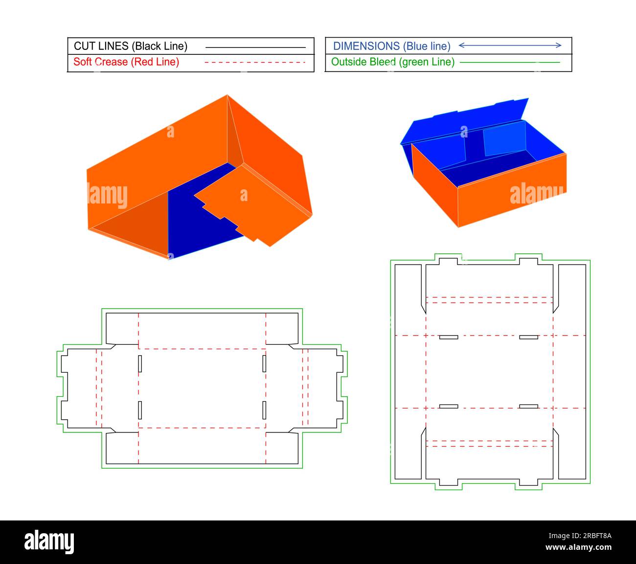 Versandkarton aus Wellpappe mit 2 Deckel, Versandkarton aus Pappe mit 3D-mm-Vorlage für Putz- und Druckleine Stock Vektor