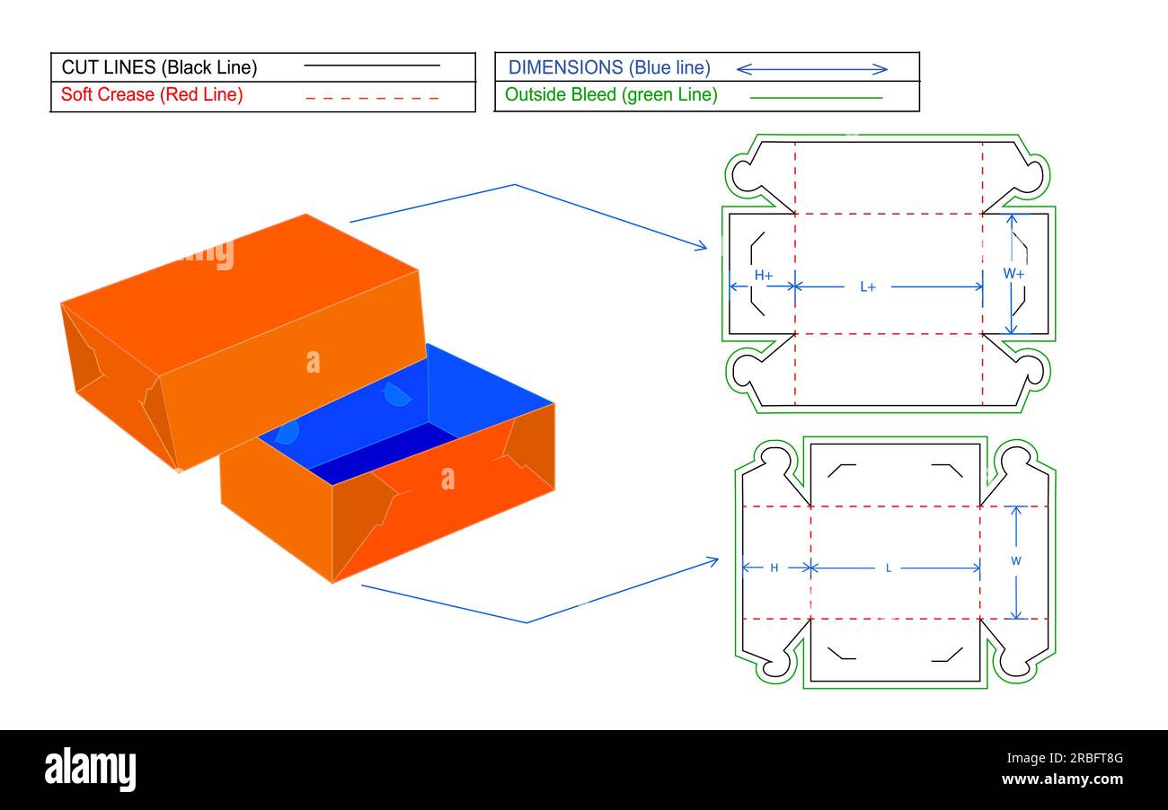 Gewellte Cartoon Box die-Line-Schablone editierbar und skalierbar Standardbox mit 3D-Rendering Stock Vektor